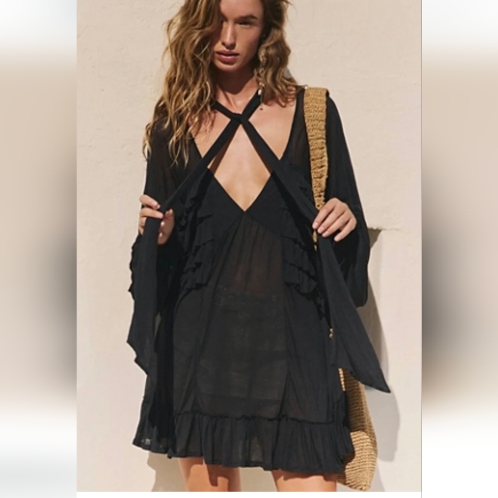 Free People Free-est Black Ponzo Tunic Sheer Ruffle Tie EUC V neck M Oversized